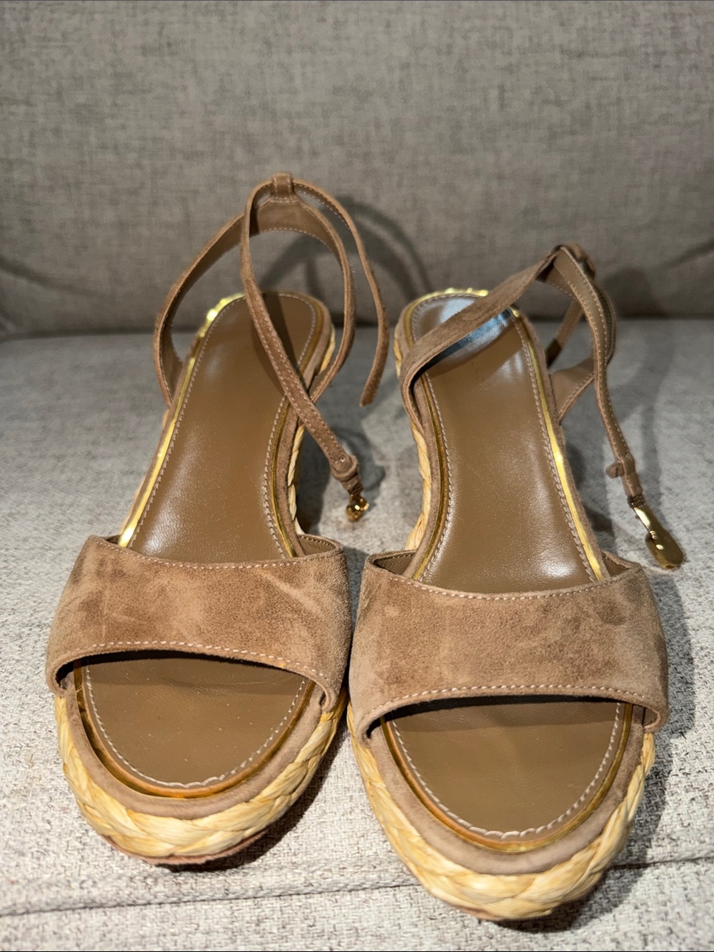 Tory Burch Brown Suede Espadrille Wedge Sandals with Ankle Tie